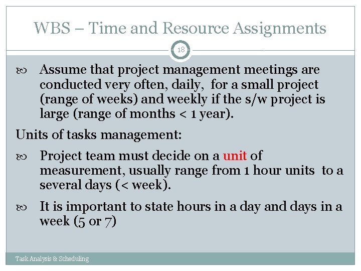 WBS – Time and Resource Assignments 18 Assume that project management meetings are conducted WBS – Time and Resource Assignments 18 Assume that project management meetings are conducted