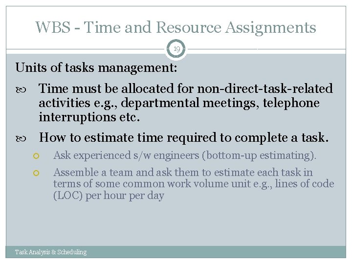 WBS - Time and Resource Assignments 19 Units of tasks management: Time must be WBS - Time and Resource Assignments 19 Units of tasks management: Time must be