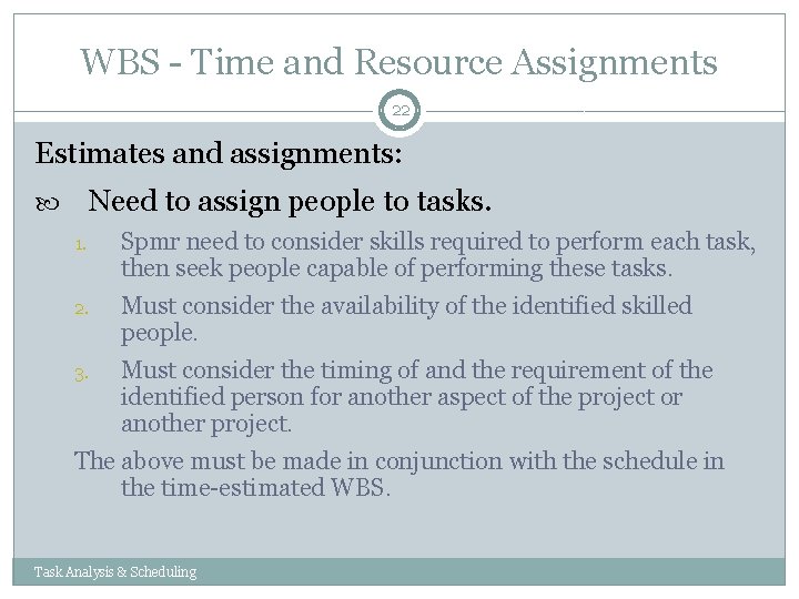 WBS - Time and Resource Assignments 22 Estimates and assignments: Need to assign people WBS - Time and Resource Assignments 22 Estimates and assignments: Need to assign people