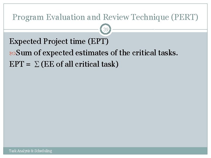Program Evaluation and Review Technique (PERT) 39 Expected Project time (EPT) Sum of expected Program Evaluation and Review Technique (PERT) 39 Expected Project time (EPT) Sum of expected