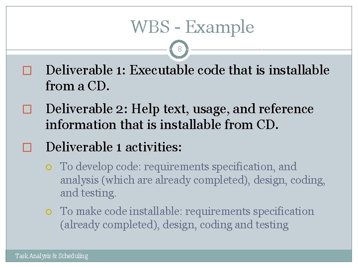WBS - Example 8 � Deliverable 1: Executable code that is installable from a WBS - Example 8 � Deliverable 1: Executable code that is installable from a