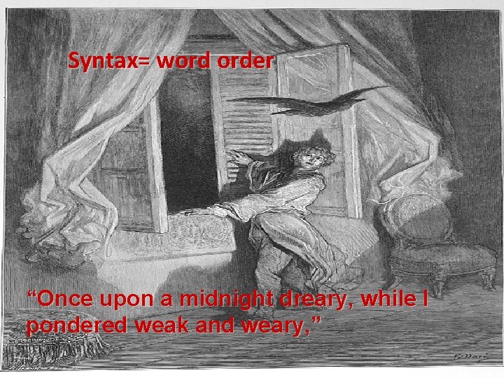 Syntax= word order “Once upon a midnight dreary, while I pondered weak and weary, Syntax= word order “Once upon a midnight dreary, while I pondered weak and weary,