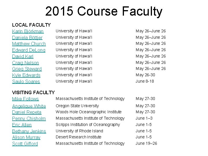 2015 Course Faculty LOCAL FACULTY Karin Björkman Daniela Böttjer Matthew Church Edward De. Long