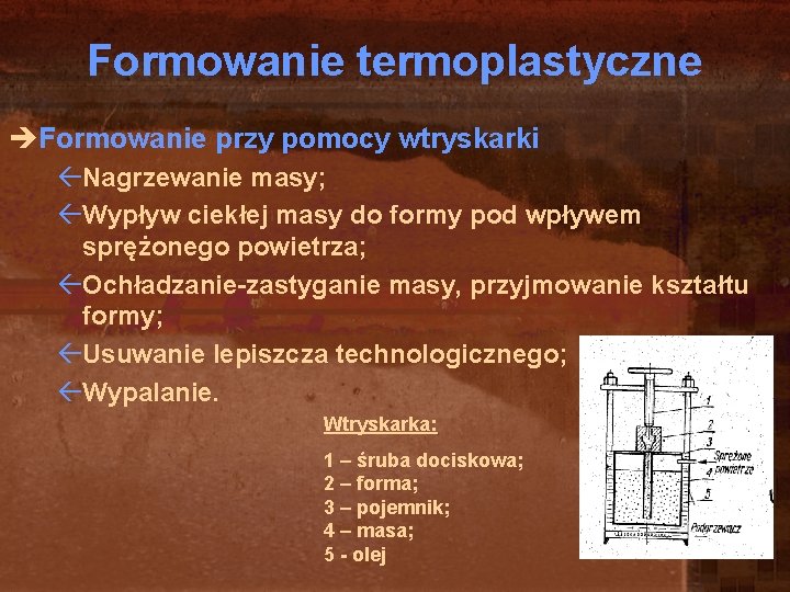 Formowanie termoplastyczne èFormowanie przy pomocy wtryskarki ßNagrzewanie masy; ßWypływ ciekłej masy do formy pod Formowanie termoplastyczne èFormowanie przy pomocy wtryskarki ßNagrzewanie masy; ßWypływ ciekłej masy do formy pod