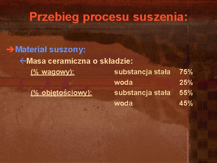 Przebieg procesu suszenia: èMateriał suszony: ßMasa ceramiczna o składzie: (% wagowy): (% objętościowy): substancja Przebieg procesu suszenia: èMateriał suszony: ßMasa ceramiczna o składzie: (% wagowy): (% objętościowy): substancja
