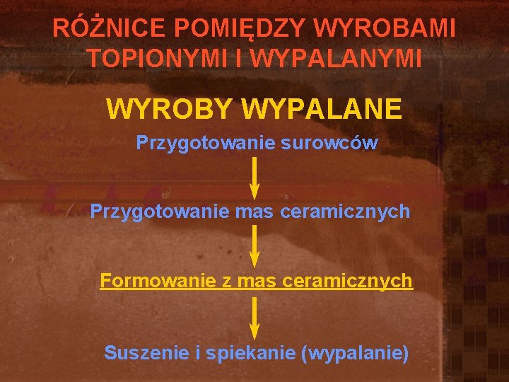 RÓŻNICE POMIĘDZY WYROBAMI TOPIONYMI I WYPALANYMI WYROBY WYPALANE Przygotowanie surowców Przygotowanie mas ceramicznych Formowanie RÓŻNICE POMIĘDZY WYROBAMI TOPIONYMI I WYPALANYMI WYROBY WYPALANE Przygotowanie surowców Przygotowanie mas ceramicznych Formowanie