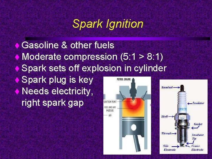 Spark Ignition Gasoline & other fuels Moderate compression (5: 1 > 8: 1) Spark