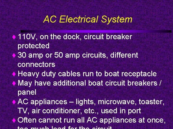 AC Electrical System 110 V, on the dock, circuit breaker protected 30 amp or