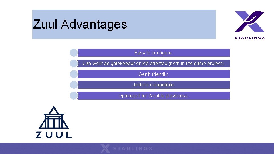 Zuul Advantages Easy to configure. Can work as gatekeeper or job oriented (both in Zuul Advantages Easy to configure. Can work as gatekeeper or job oriented (both in