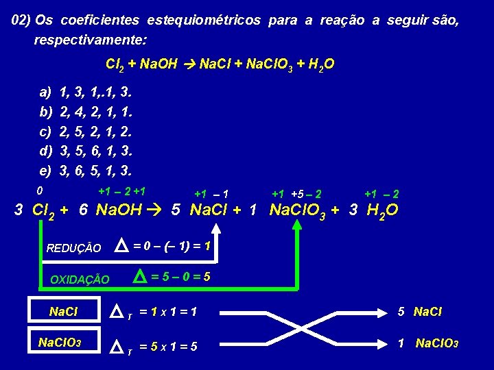 02) Os coeficientes estequiométricos para a reação a seguir são, respectivamente: Cl 2 +