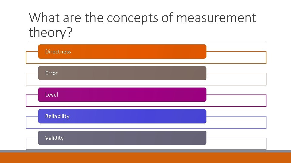 What are the concepts of measurement theory? Directness Error Level Reliability Validity 