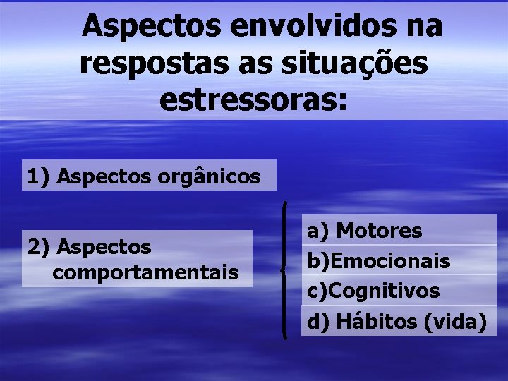 Aspectos envolvidos na respostas as situações estressoras: 1) Aspectos orgânicos 2) Aspectos comportamentais a)