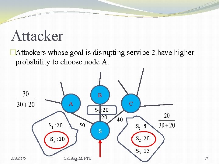 Attacker �Attackers whose goal is disrupting service 2 have higher probability to choose node