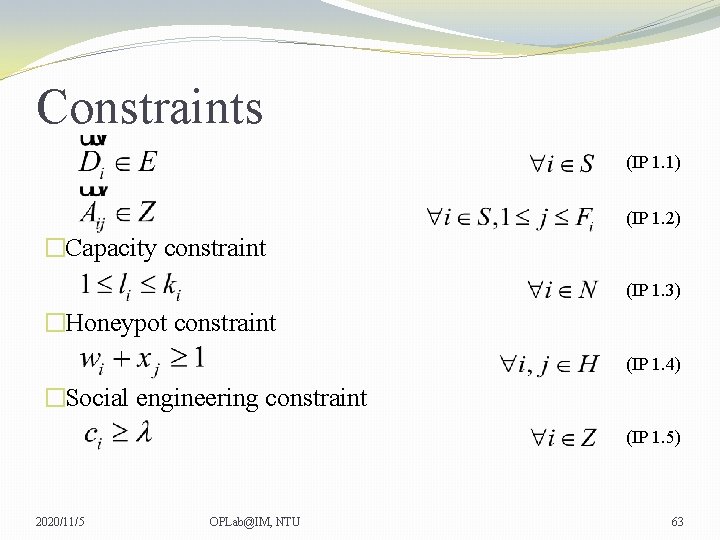 Constraints (IP 1. 1) (IP 1. 2) �Capacity constraint (IP 1. 3) �Honeypot constraint