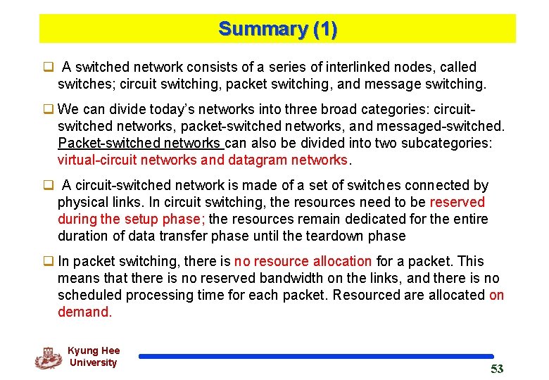 Summary (1) q A switched network consists of a series of interlinked nodes, called