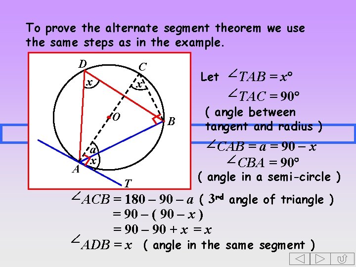 To prove the alternate segment theorem we use the same steps as in the