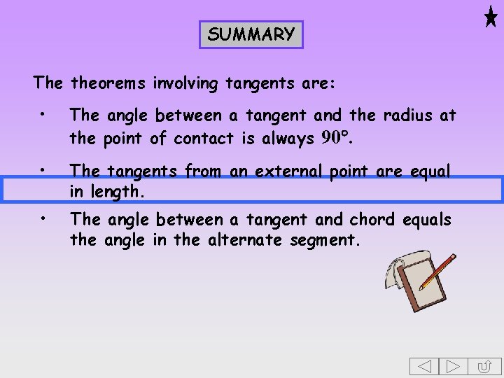 SUMMARY The theorems involving tangents are: • The angle between a tangent and the