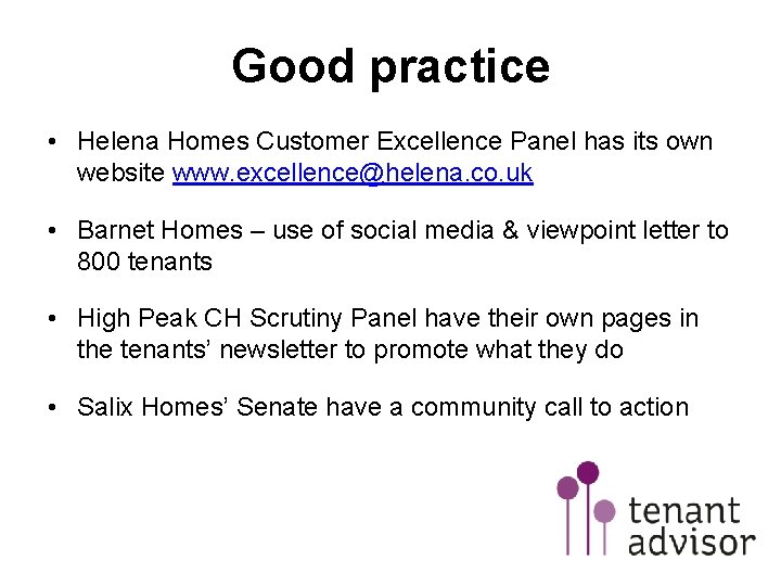 Good practice • Helena Homes Customer Excellence Panel has its own website www. excellence@helena.