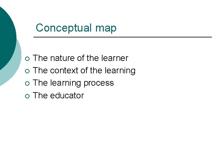 Conceptual map ¡ ¡ The nature of the learner The context of the learning Conceptual map ¡ ¡ The nature of the learner The context of the learning