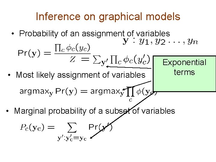 Inference on graphical models • Probability of an assignment of variables • Most likely