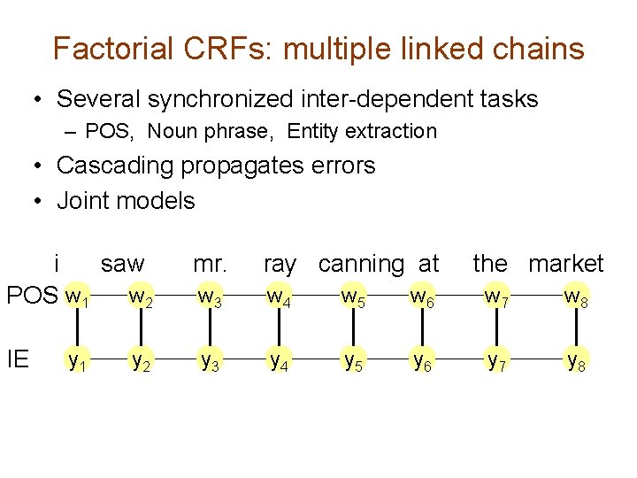 Factorial CRFs: multiple linked chains • Several synchronized inter-dependent tasks – POS, Noun phrase,