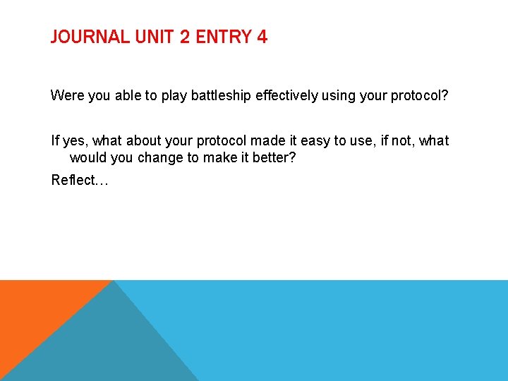 JOURNAL UNIT 2 ENTRY 4 Were you able to play battleship effectively using your