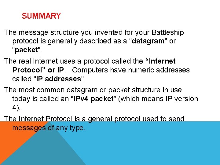 SUMMARY The message structure you invented for your Battleship protocol is generally described as