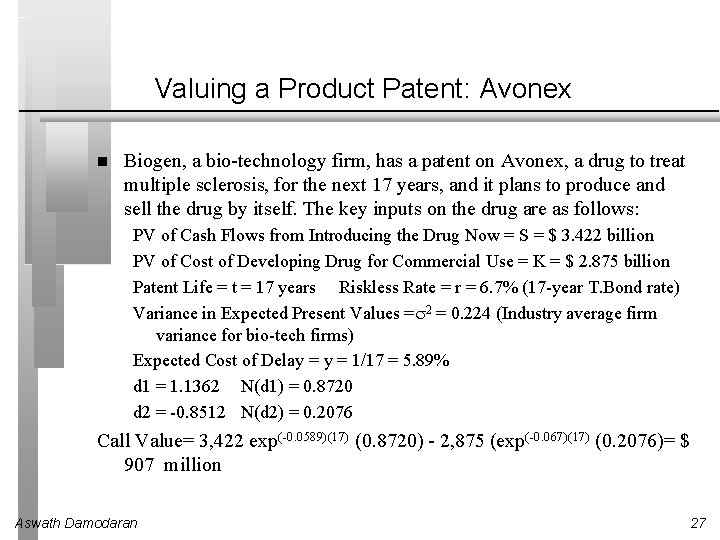 Valuing a Product Patent: Avonex Biogen, a bio-technology firm, has a patent on Avonex,
