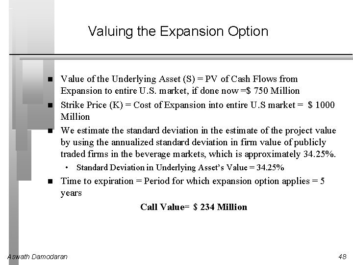 Valuing the Expansion Option Value of the Underlying Asset (S) = PV of Cash