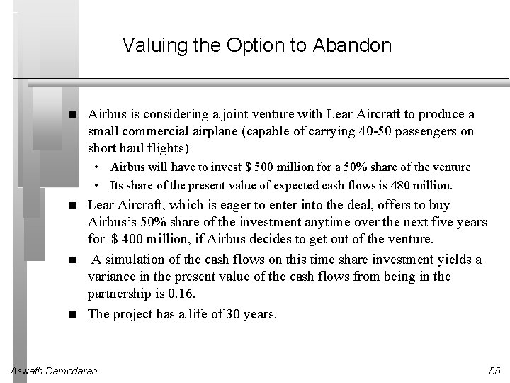 Valuing the Option to Abandon Airbus is considering a joint venture with Lear Aircraft