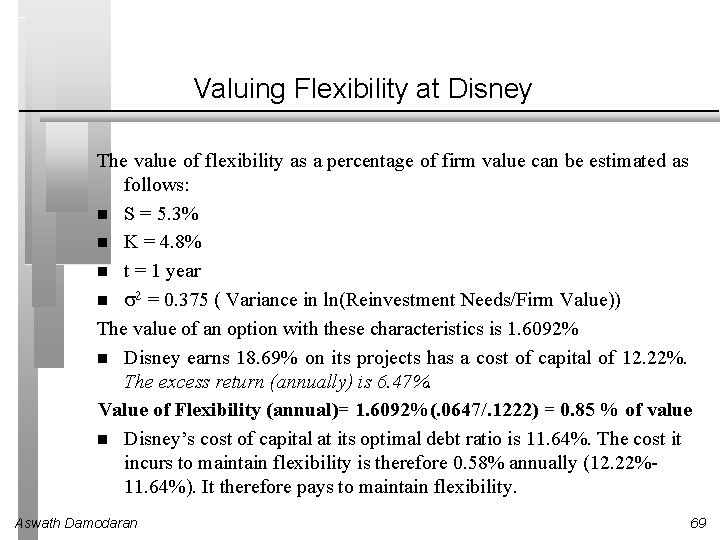 Valuing Flexibility at Disney The value of flexibility as a percentage of firm value