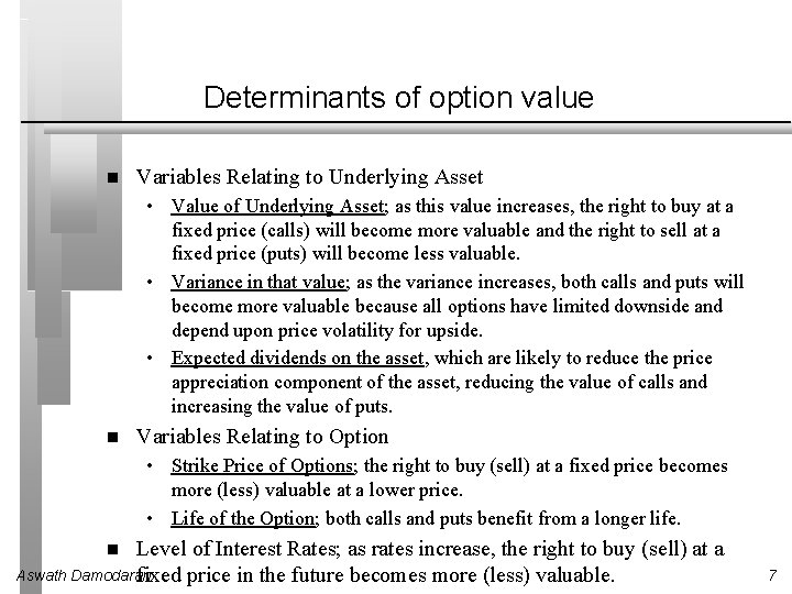 Determinants of option value Variables Relating to Underlying Asset • Value of Underlying Asset;