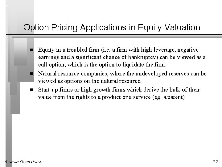 Option Pricing Applications in Equity Valuation Equity in a troubled firm (i. e. a