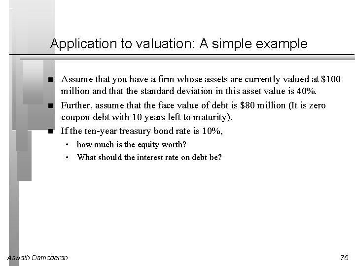 Application to valuation: A simple example Assume that you have a firm whose assets