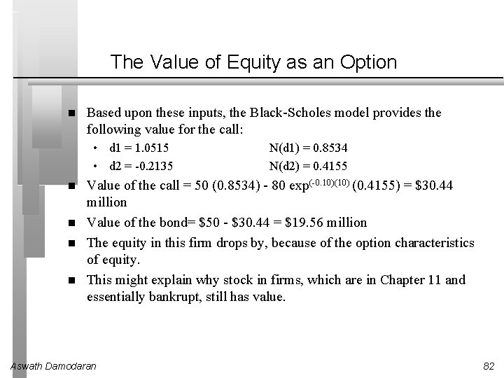 The Value of Equity as an Option Based upon these inputs, the Black-Scholes model