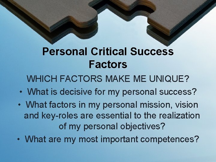Personal Critical Success Factors WHICH FACTORS MAKE ME UNIQUE? • What is decisive for