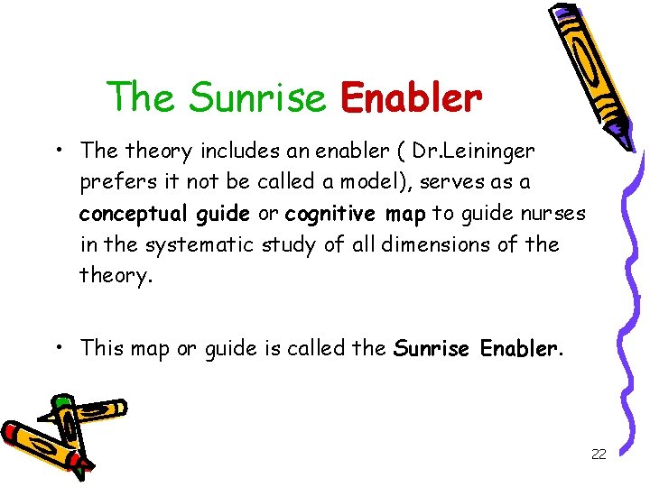The Sunrise Enabler • The theory includes an enabler ( Dr. Leininger prefers it