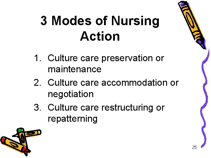 3 Modes of Nursing Action 1. Culture care preservation or maintenance 2. Culture care