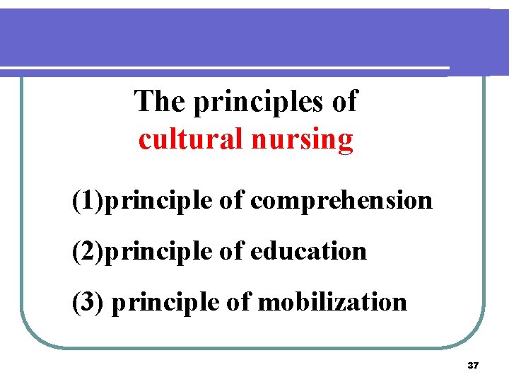 The principles of cultural nursing (1)principle of comprehension (2)principle of education (3) principle of