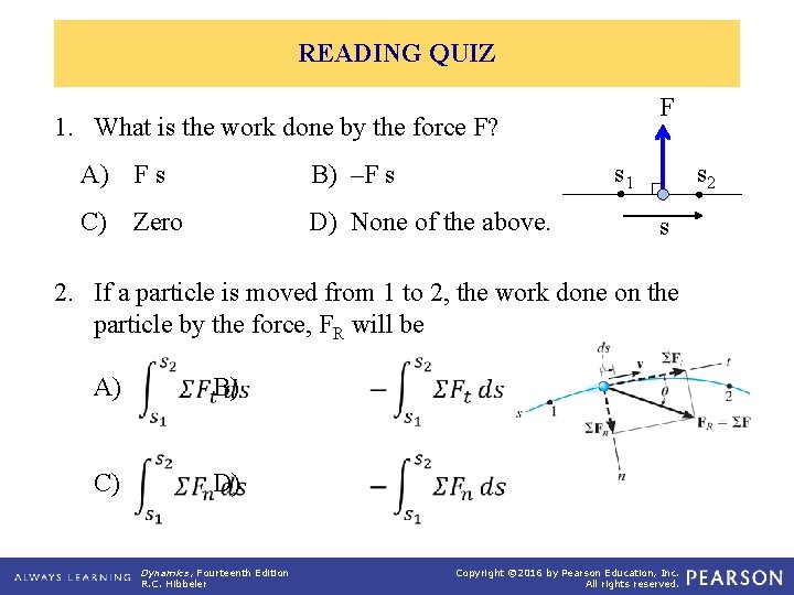 READING QUIZ F 1. What is the work done by the force F? s