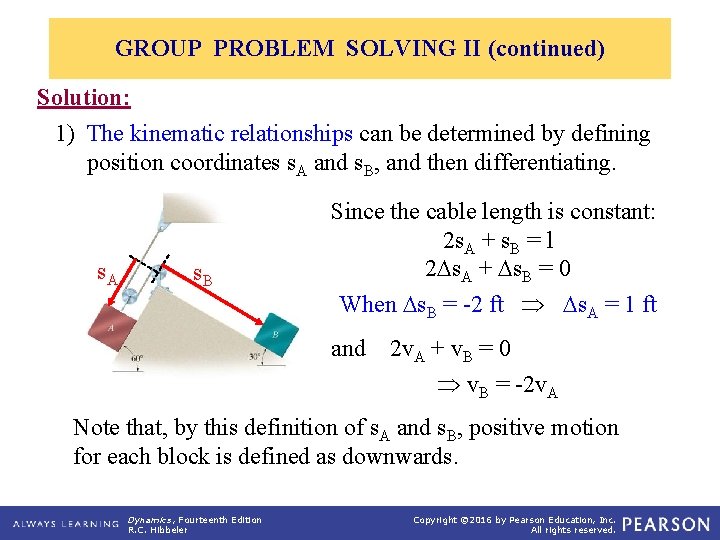 GROUP PROBLEM SOLVING II (continued) Solution: 1) The kinematic relationships can be determined by