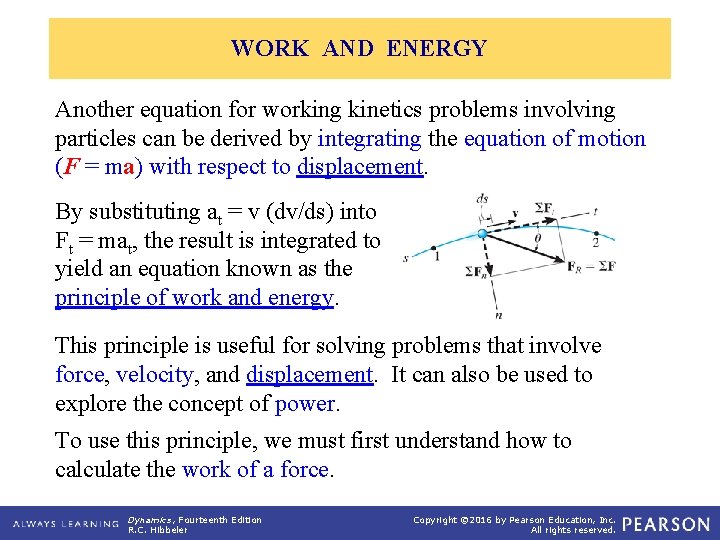 WORK AND ENERGY Another equation for working kinetics problems involving particles can be derived