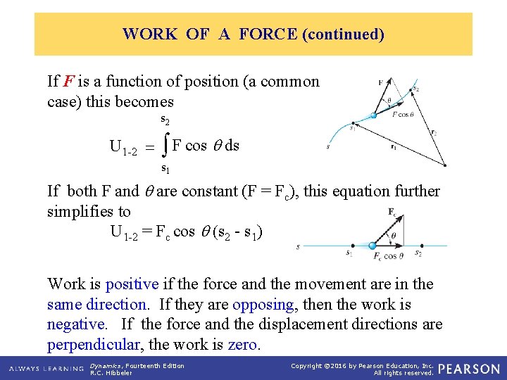 WORK OF A FORCE (continued) If F is a function of position (a common