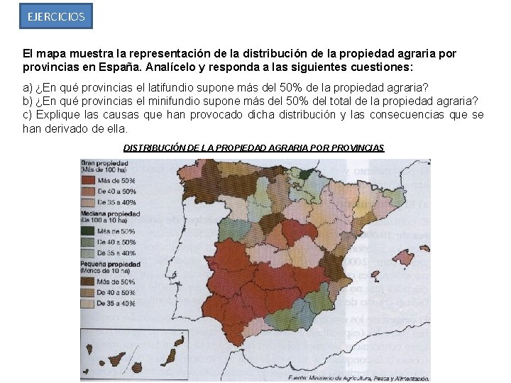 EJERCICIOS El mapa muestra la representación de la distribución de la propiedad agraria por