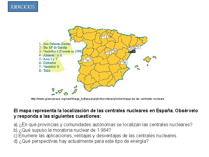 EJERCICIOS http: //www. greenpeace. org/raw/image_full/espana/photosvideos/photos/mapa-de-las-centrales-nucleare El mapa representa la localización de las centrales nucleares