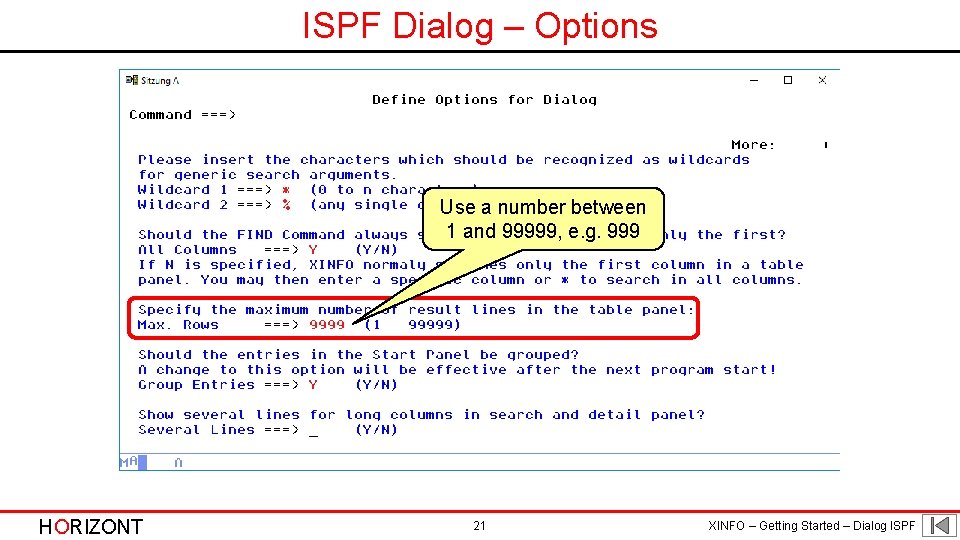 ISPF Dialog – Options Use a number between 1 and 99999, e. g. 999