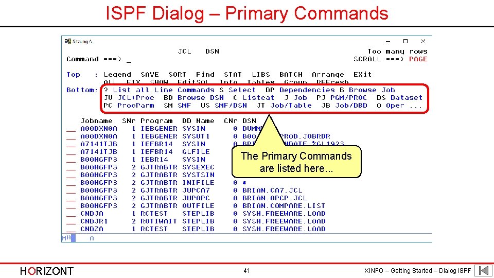 ISPF Dialog – Primary Commands The Primary Commands are listed here. . . HORIZONT