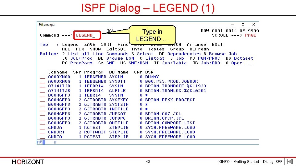 ISPF Dialog – LEGEND (1) Type in LEGEND … HORIZONT 43 XINFO – Getting