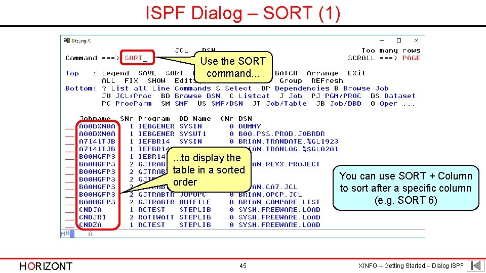 ISPF Dialog – SORT (1) Use the SORT command. . . to display the