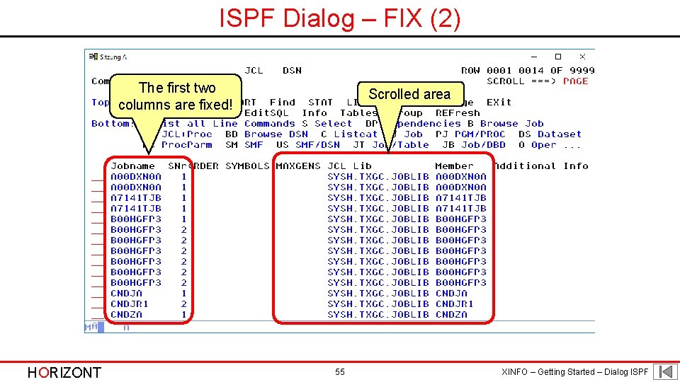 ISPF Dialog – FIX (2) The first two columns are fixed! HORIZONT Scrolled area